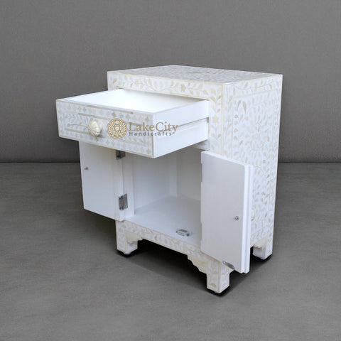 Bone Inlay Floral Design One Drawer & Two Door Bedside Table White | Bone Inlay Floral Design One Drawer & Two Door Nightstand Table White