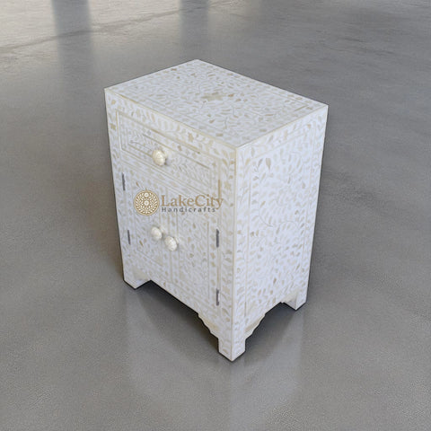 Bone Inlay Floral Design One Drawer & Two Door Bedside Table White | Bone Inlay Floral Design One Drawer & Two Door Nightstand Table White