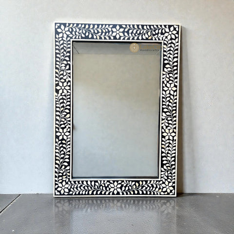Bone Inlay Floral Design Rectangle Mirror Frame Black