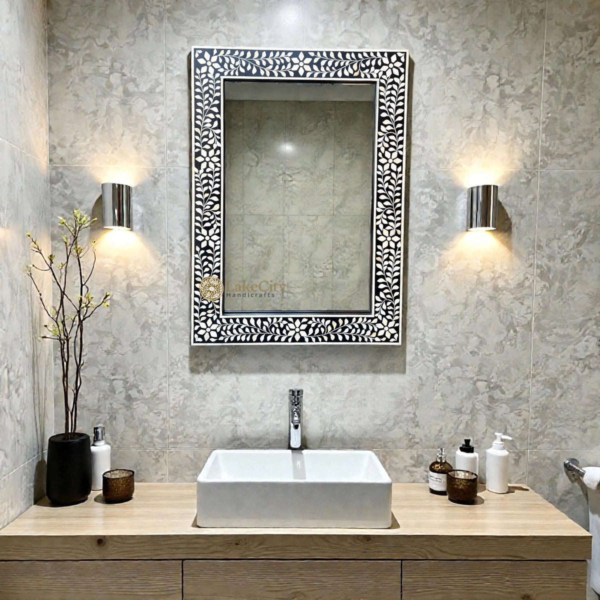 Bone Inlay Floral Design Rectangle Mirror Frame Black