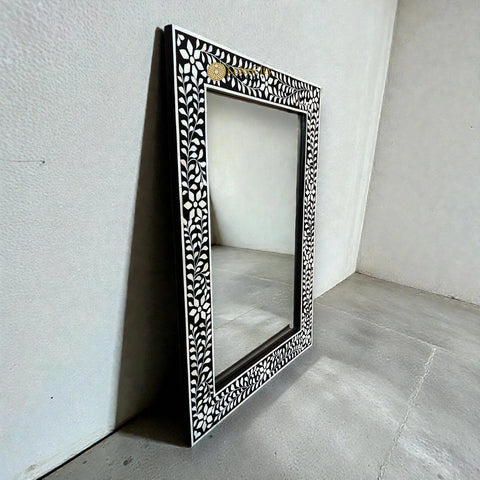 Bone Inlay Floral Design Rectangle Mirror Frame Black
