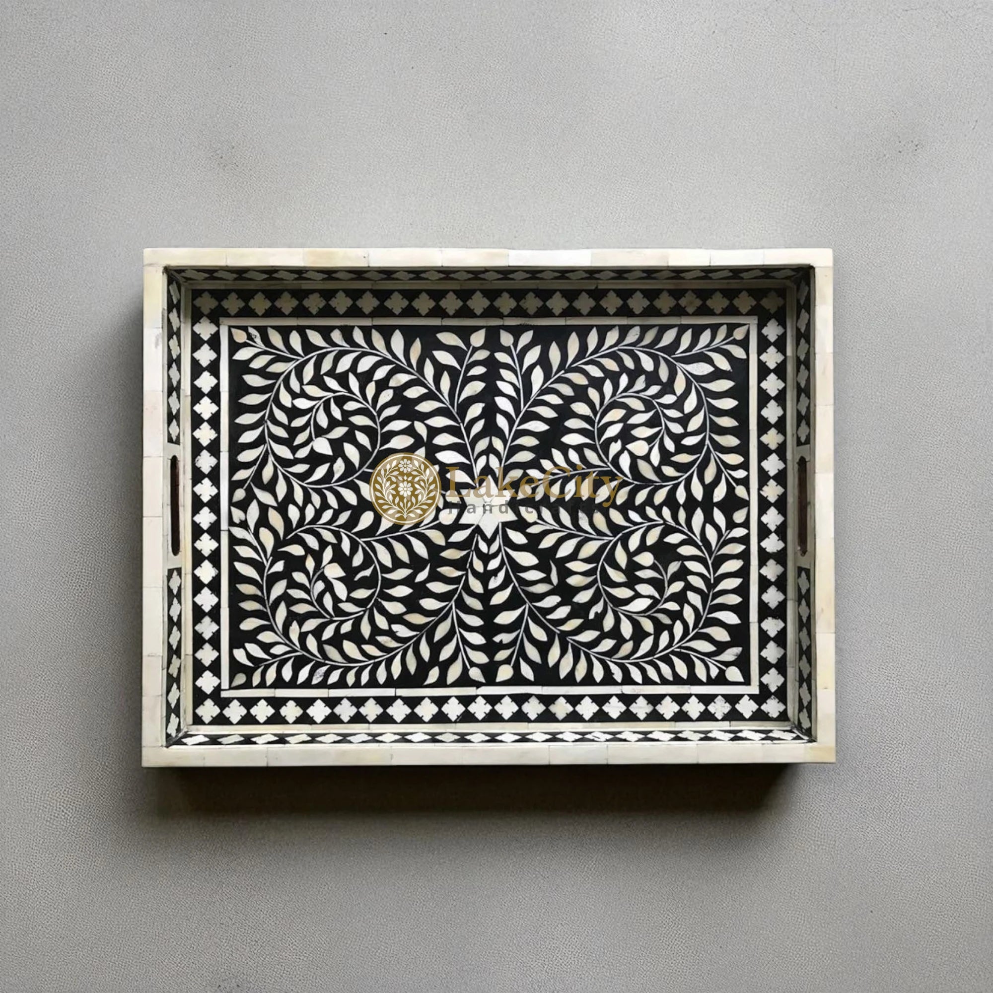 Bone Inlay Floral Design Rectangular Serving Tray