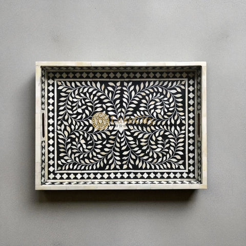 Bone Inlay Floral Design Rectangular Serving Tray