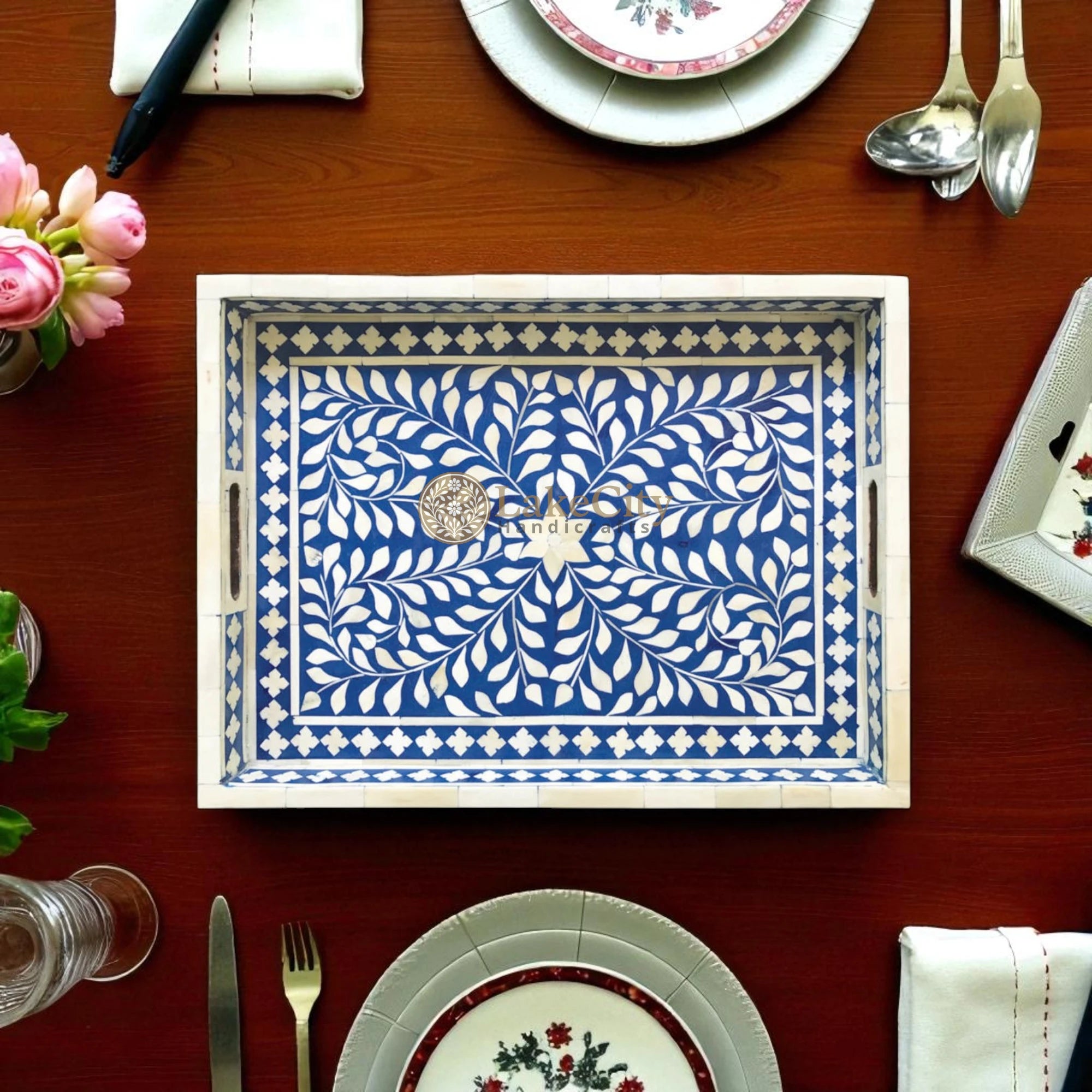 Bone Inlay Floral Design Rectangular Serving Tray