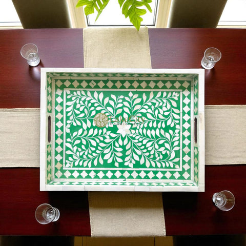Bone Inlay Floral Design Rectangular Serving Tray