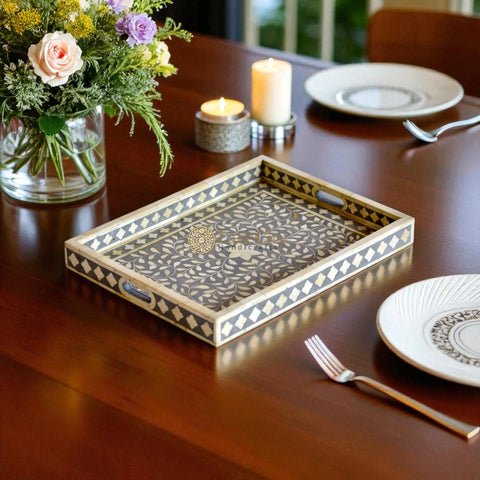 Bone Inlay Floral Design Rectangular Serving Tray