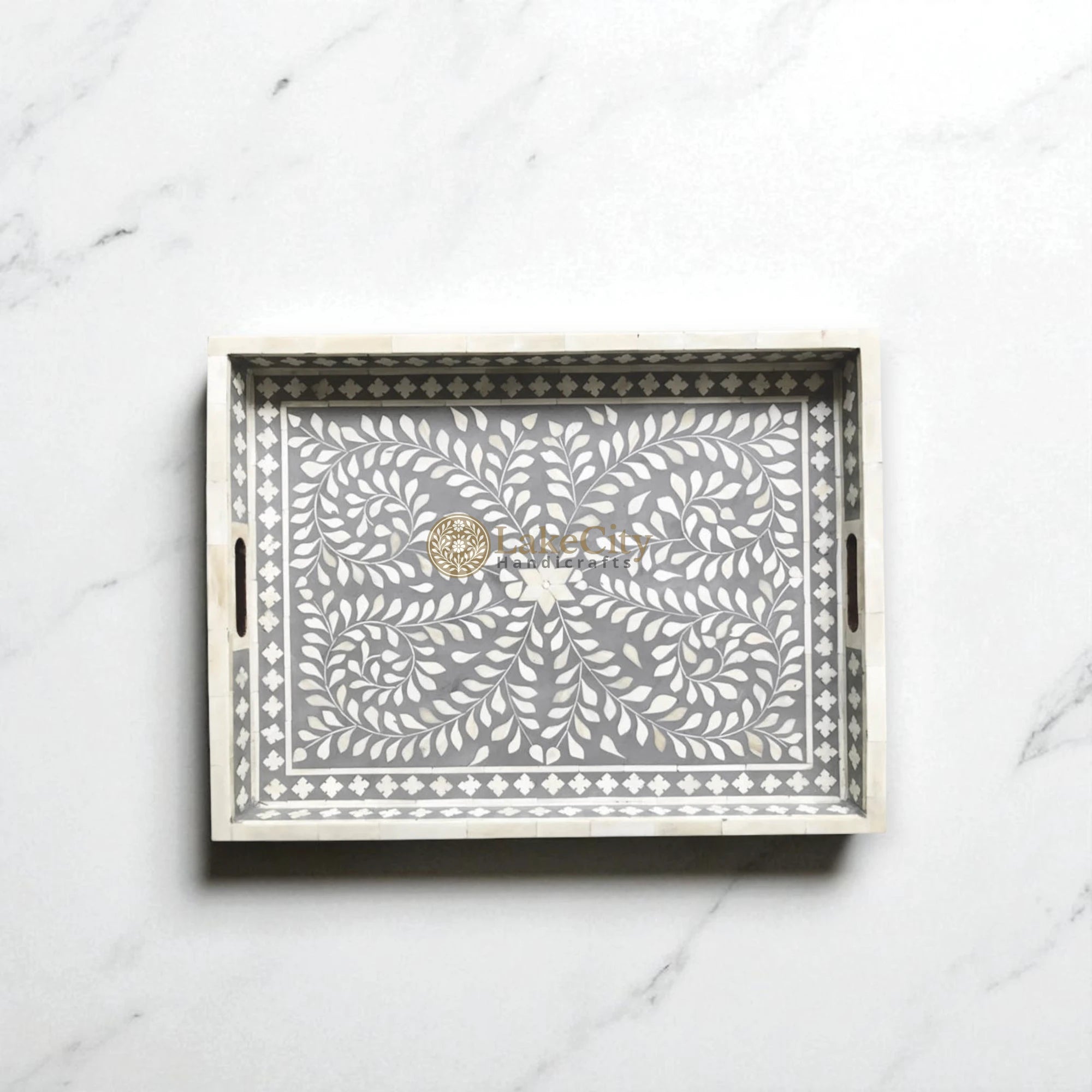 Bone Inlay Floral Design Rectangular Serving Tray