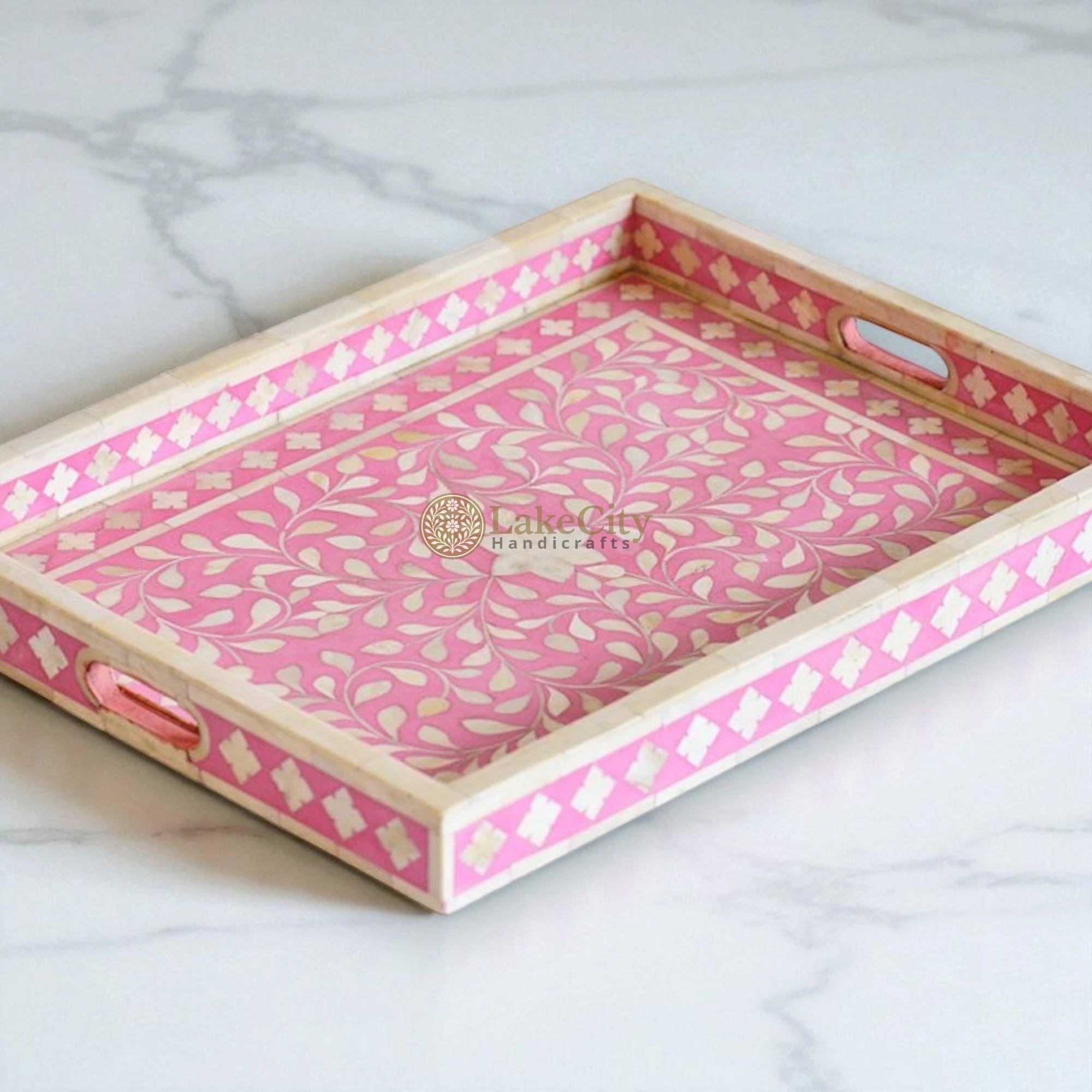 Bone Inlay Floral Design Rectangular Serving Tray