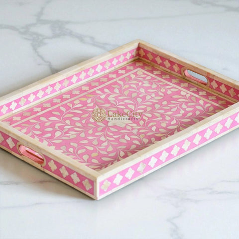 Bone Inlay Floral Design Rectangular Serving Tray