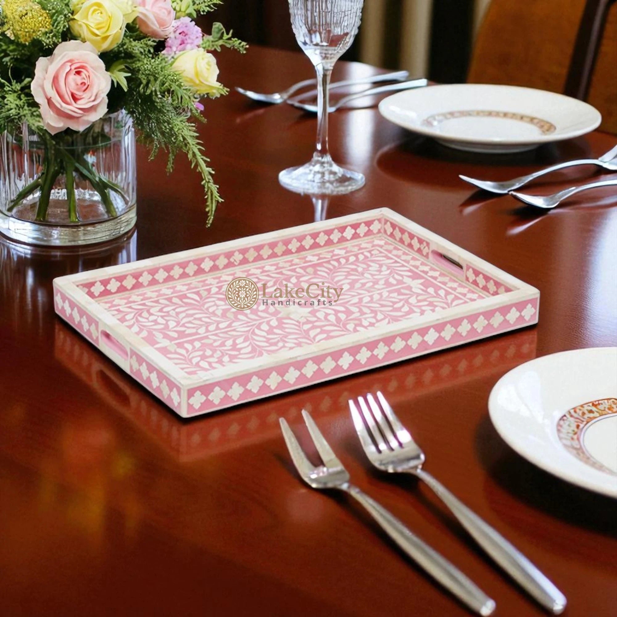 Bone Inlay Floral Design Rectangular Serving Tray