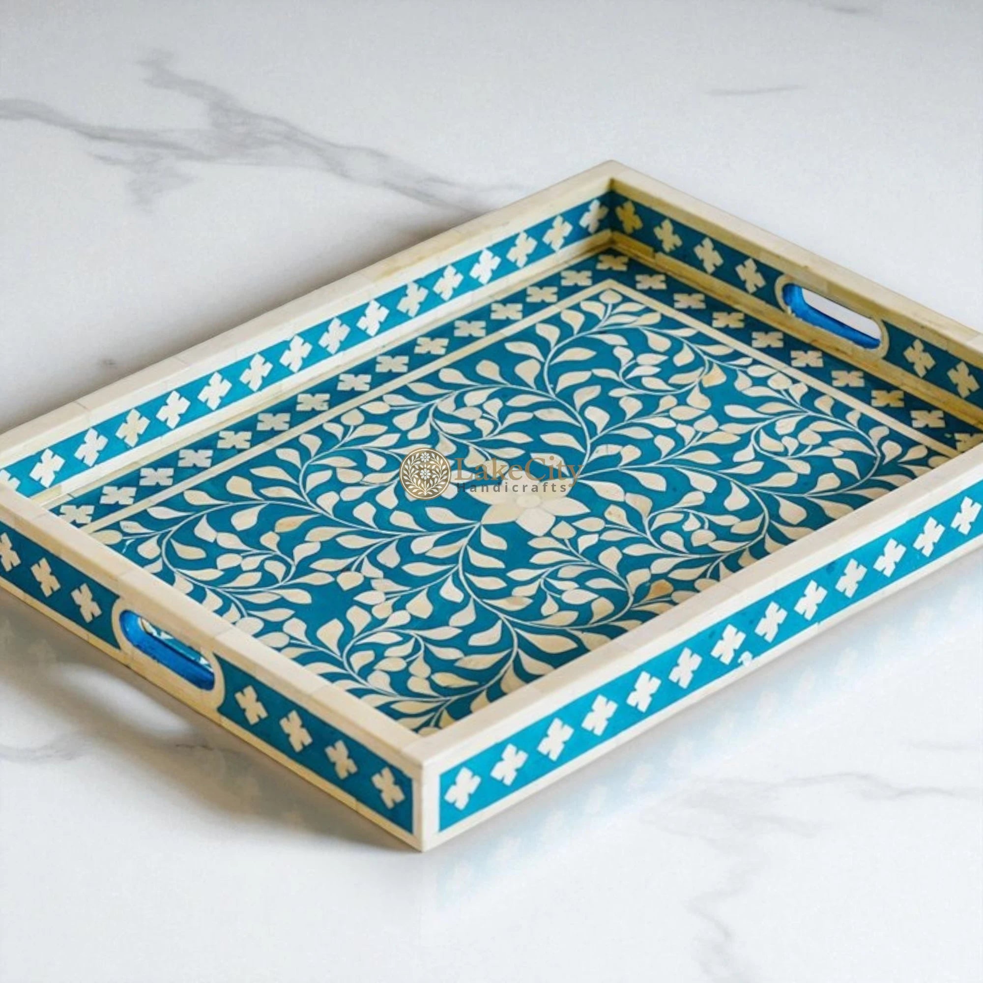 Bone Inlay Floral Design Rectangular Serving Tray