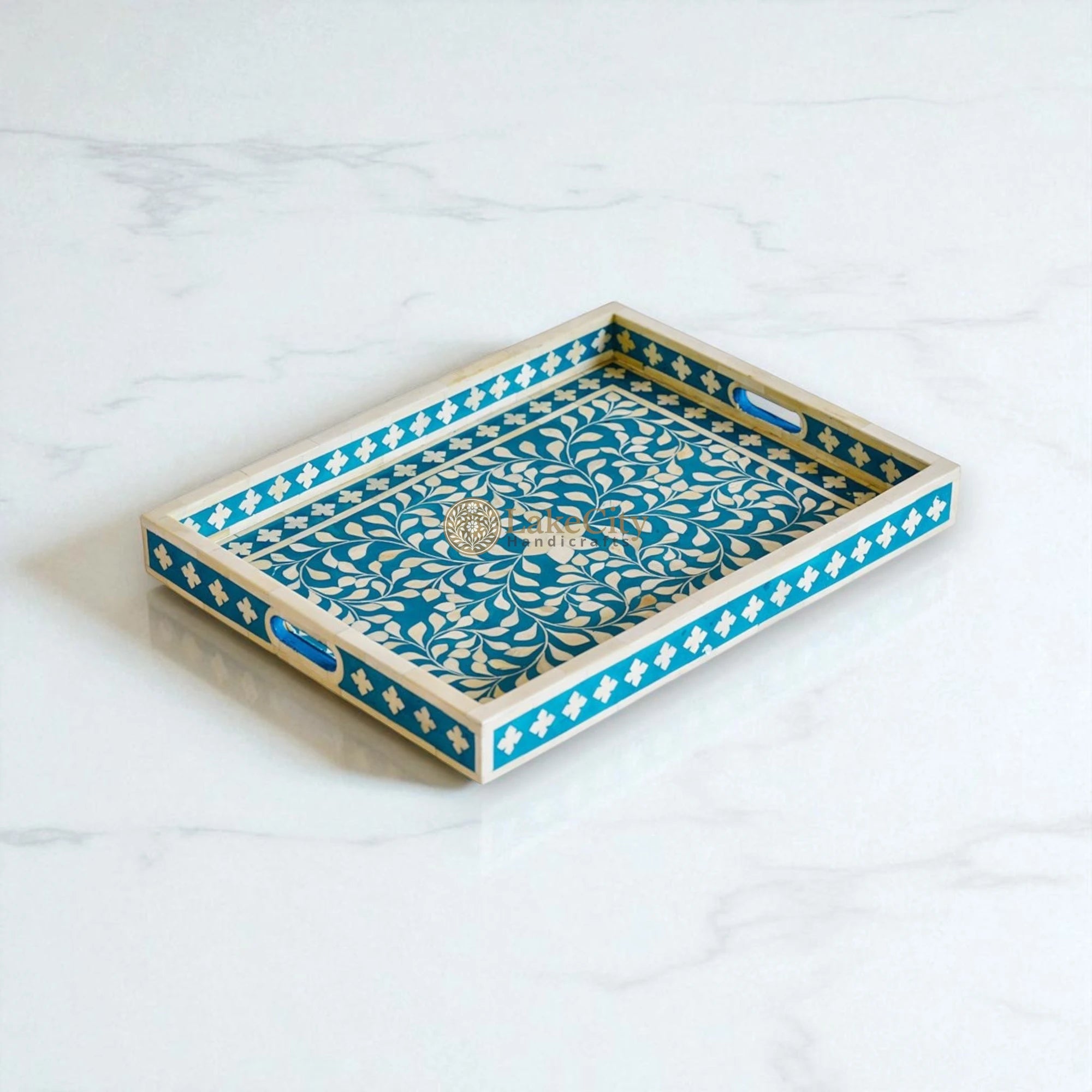 Bone Inlay Floral Design Rectangular Serving Tray