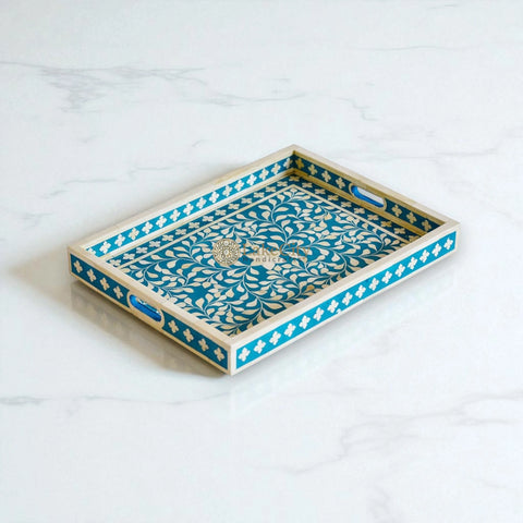 Bone Inlay Floral Design Rectangular Serving Tray