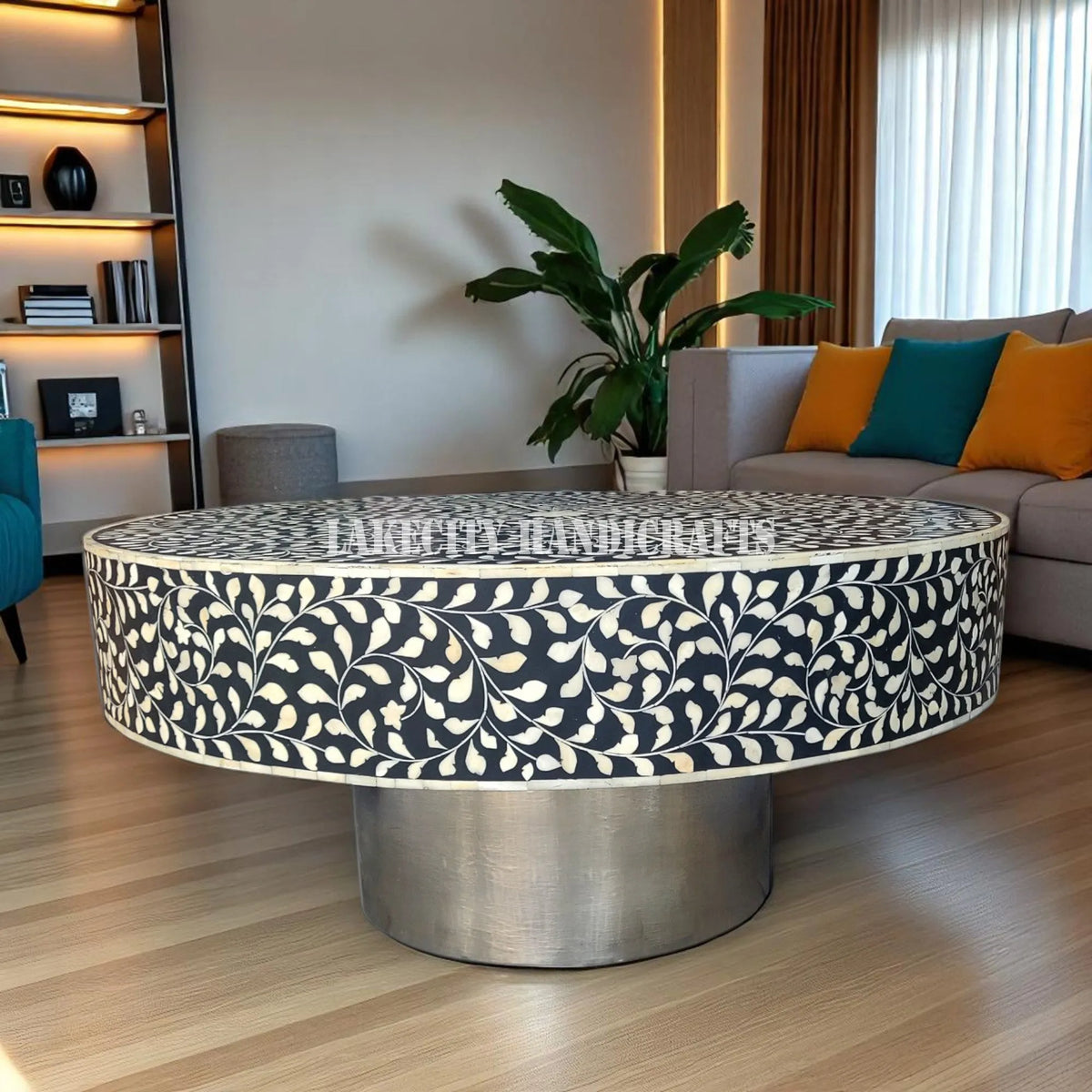 Bone Inlay Floral Design Coffee Table with Silver Base | Bone Inlay Centre Table