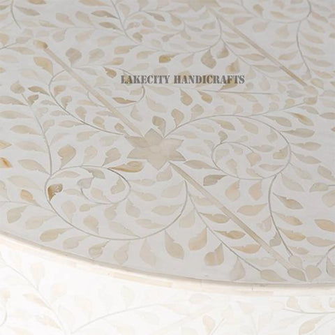 Bone Inlay Floral Design Center Table With Brass White