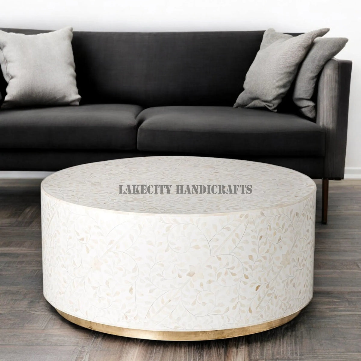 Bone Inlay Floral Design Center Table With Brass White