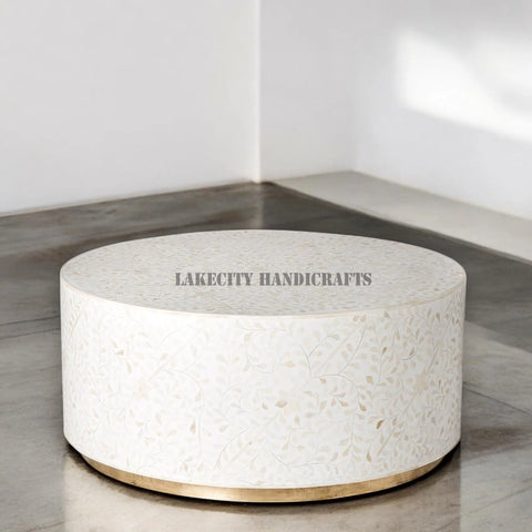 Bone Inlay Floral Design Center Table With Brass White