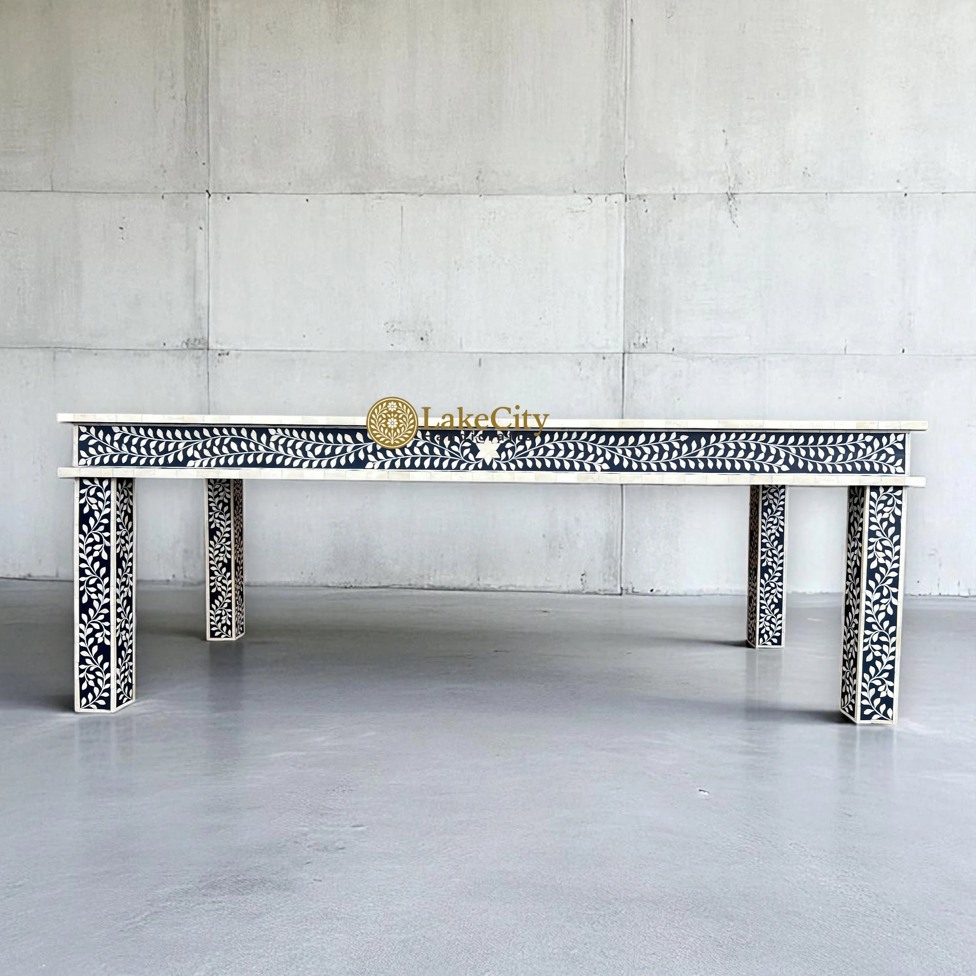 Bone Inlay Floral Design 8 Seater Dining Table Navy Blue