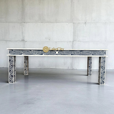 Bone Inlay Floral Design 8 Seater Dining Table Navy Blue