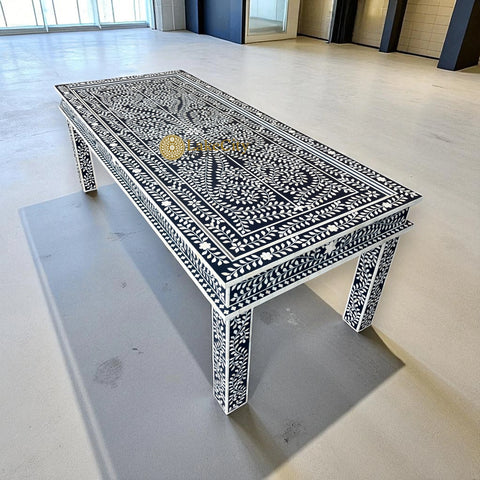 Bone Inlay Floral Design 8 Seater Dining Table Navy Blue