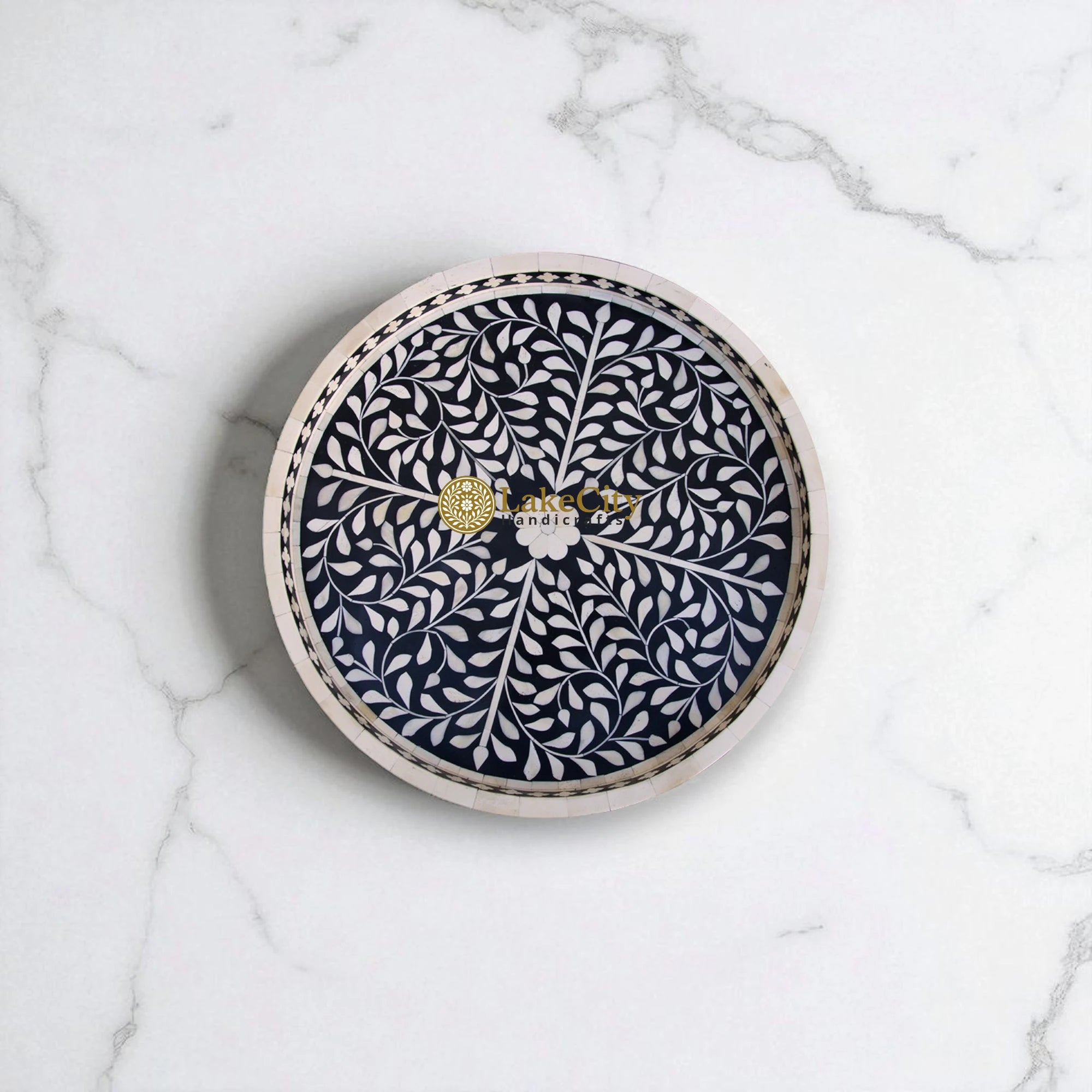Bone Inlay Floral Design Small Round Serving Tray
