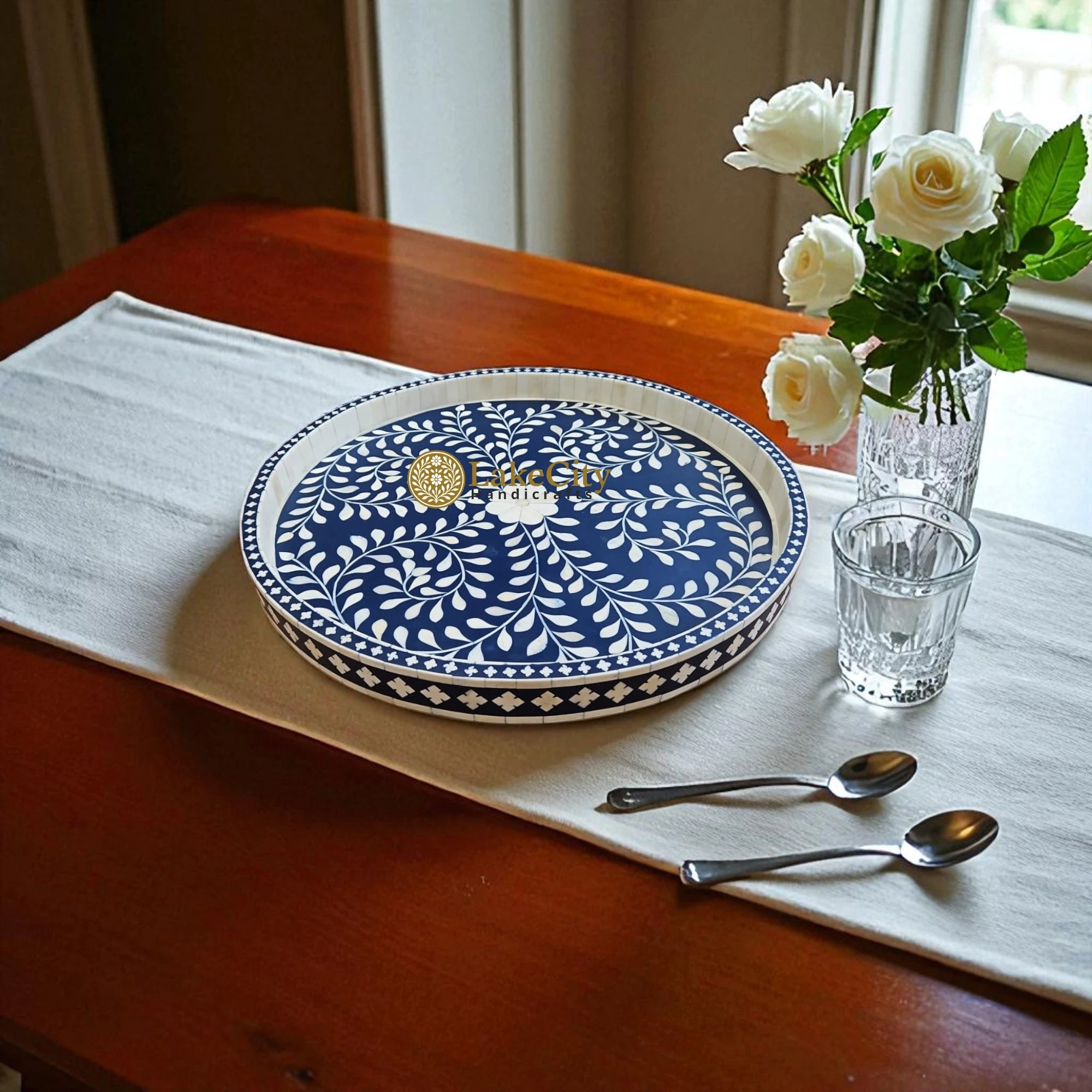 Bone Inlay Floral Design Small Round Serving Tray