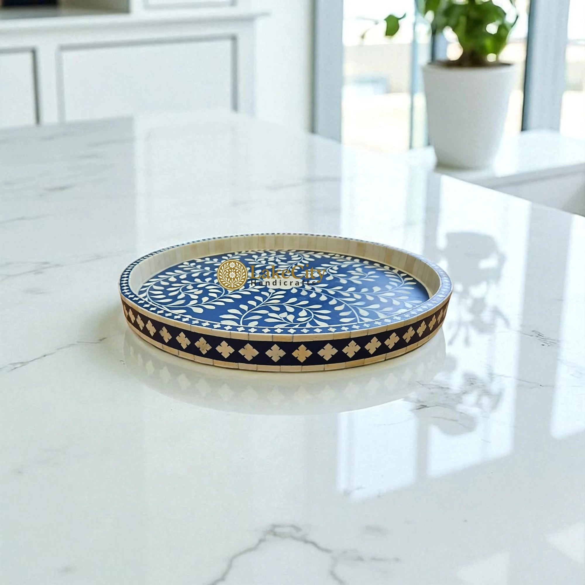 Bone Inlay Floral Design Small Round Serving Tray