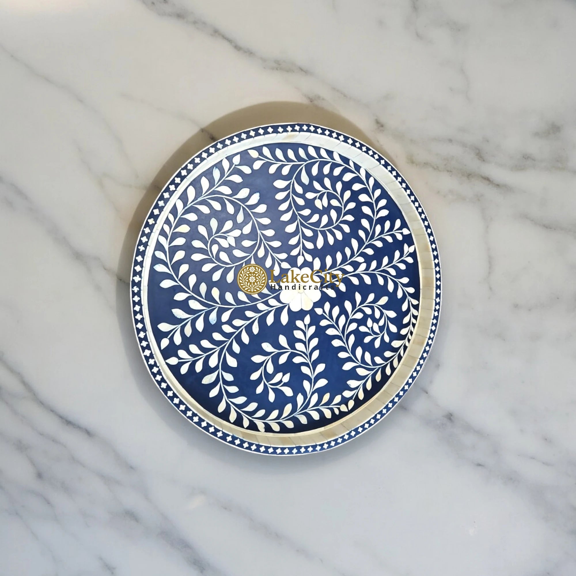 Bone Inlay Floral Design Small Round Serving Tray