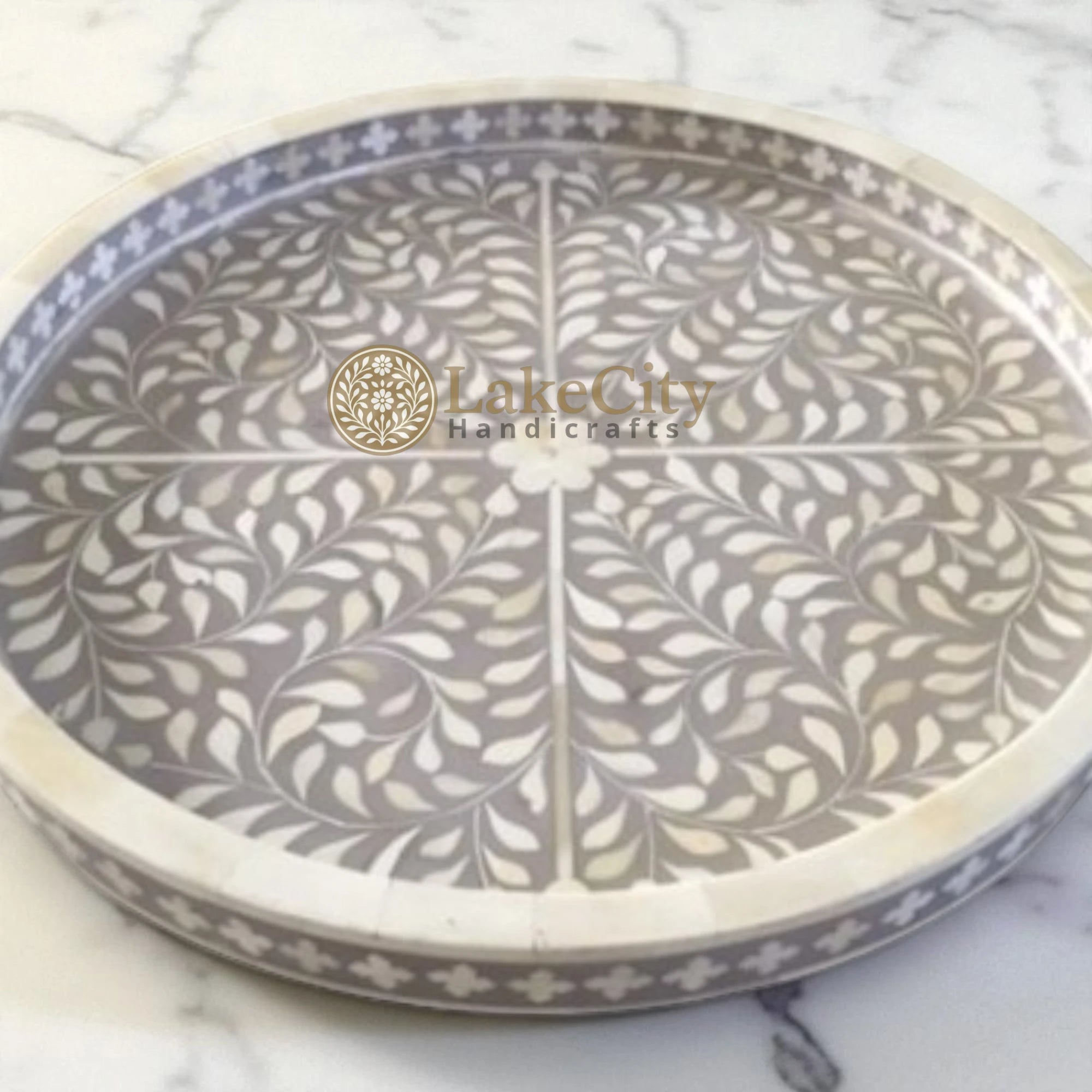 Bone Inlay Floral Design Small Round Serving Tray