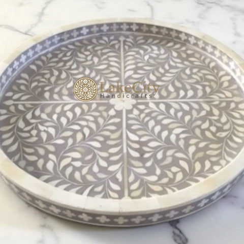 Bone Inlay Floral Design Small Round Serving Tray