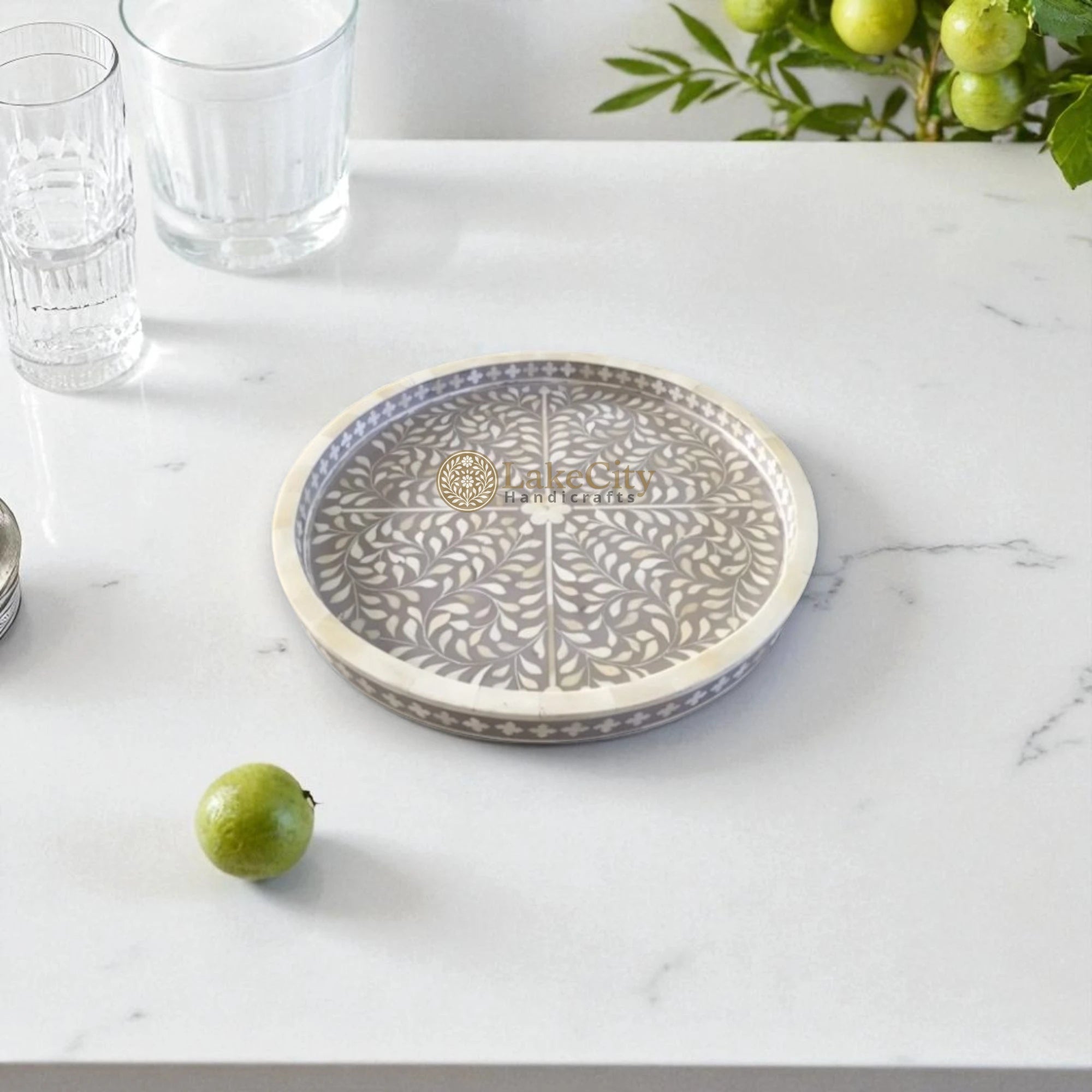 Bone Inlay Floral Design Small Round Serving Tray