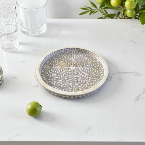 Bone Inlay Floral Design Small Round Serving Tray