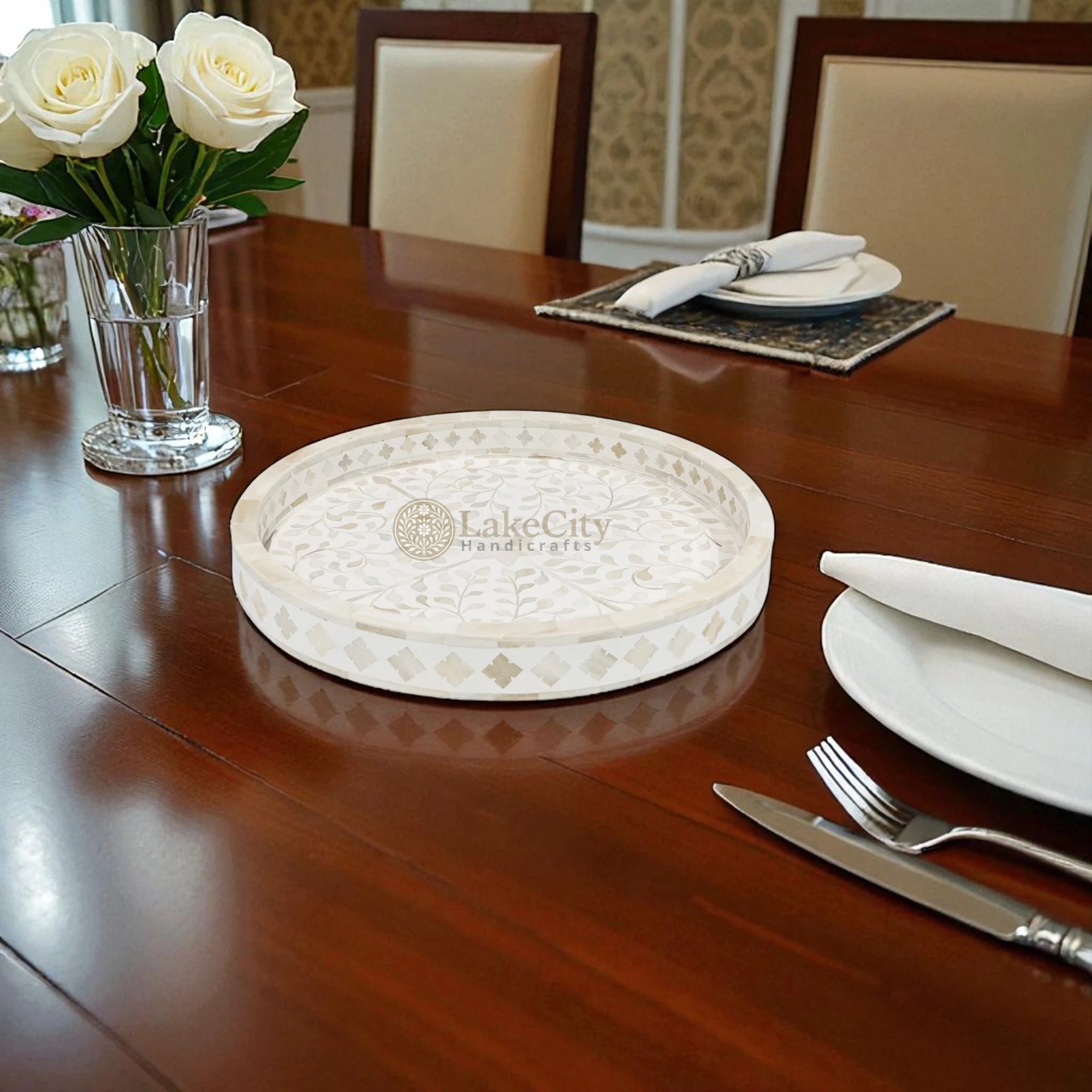 Bone Inlay Floral Design Small Round Serving Tray