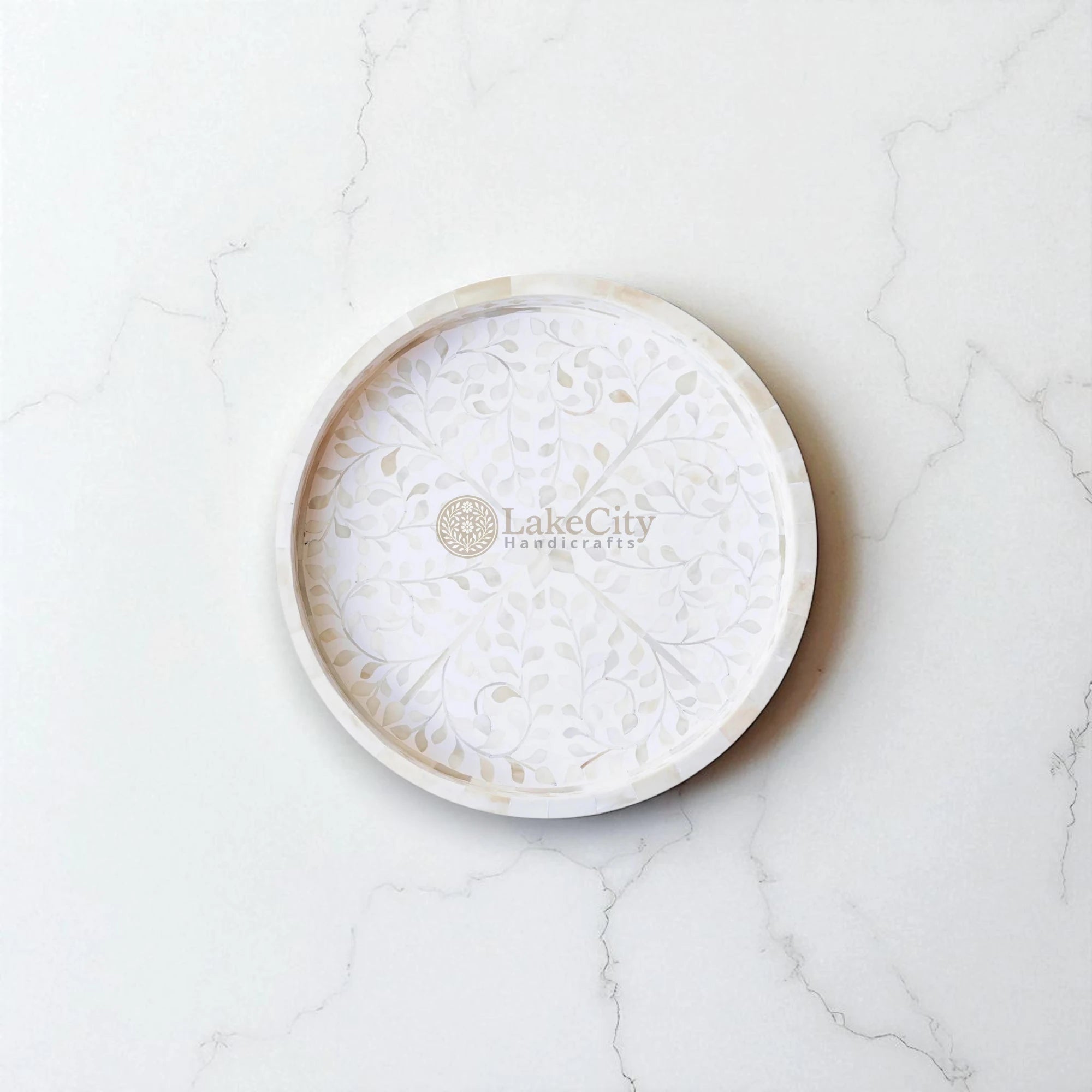 Bone Inlay Floral Design Small Round Serving Tray