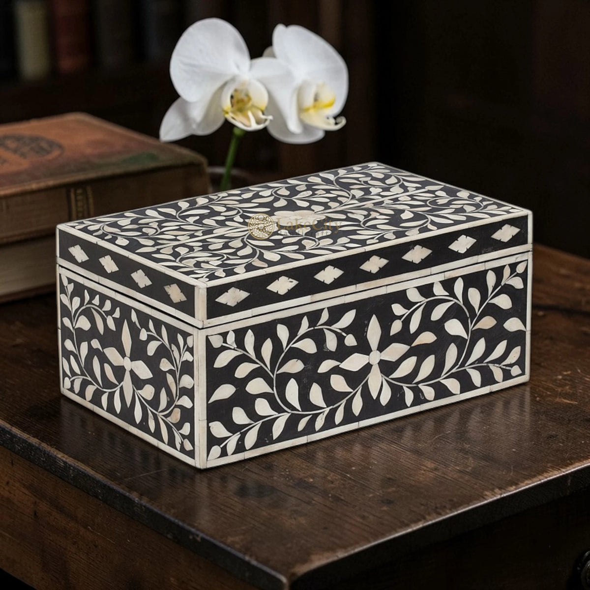Bone Inlay Floral Design Tissue Box Black