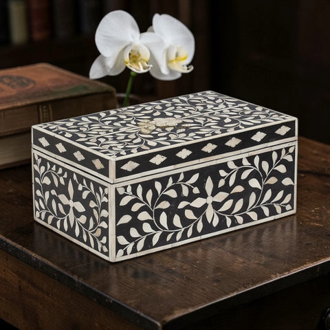 Bone Inlay Floral Design Tissue Box Black
