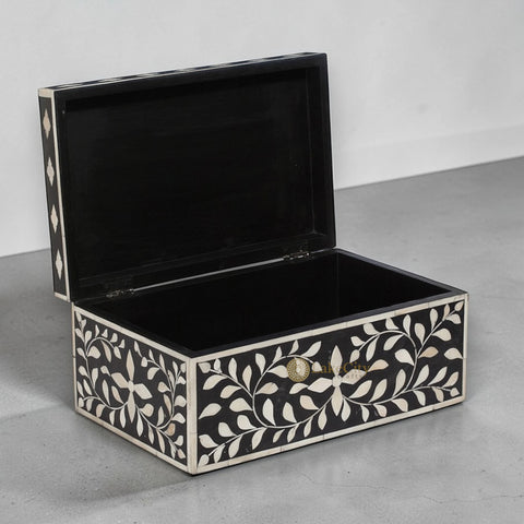 Bone Inlay Floral Design Tissue Box Black