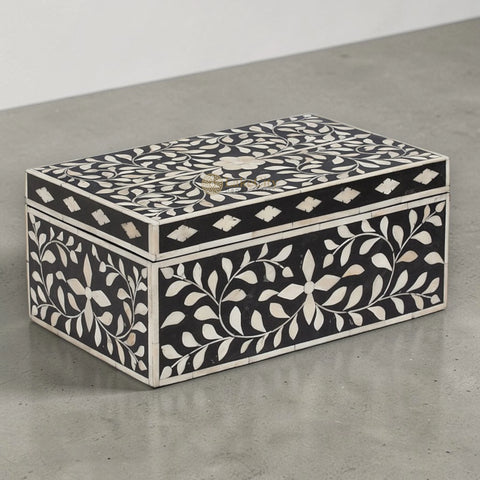 Bone Inlay Floral Design Tissue Box Black