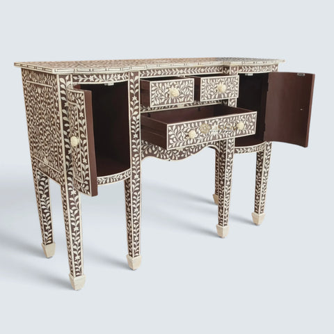 Buffet victorien marron avec incrustations d'os et motif floral