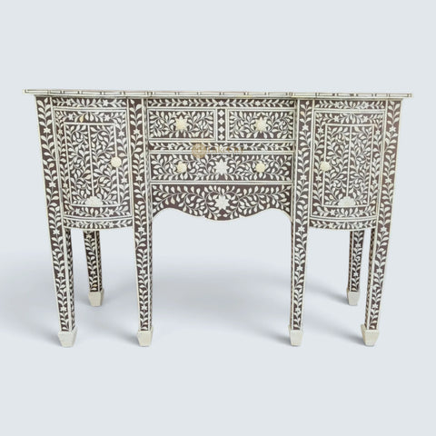Buffet victorien marron avec incrustations d'os et motif floral