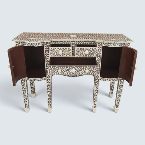 Buffet victorien marron avec incrustations d'os et motif floral