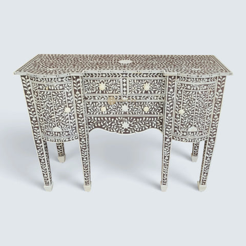 Buffet victorien marron avec incrustations d'os et motif floral