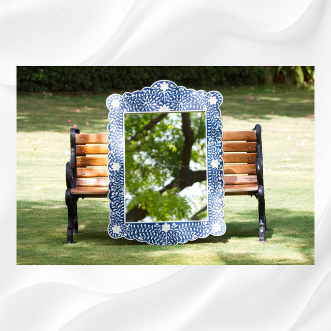 Bone Inlay Floral Scalloped Mirror Blue