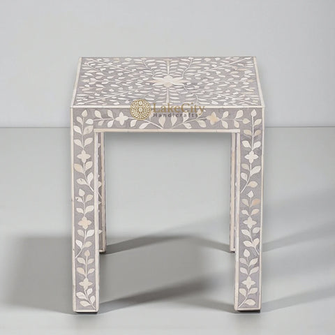 Grey Bone Inlay Floral Side Table