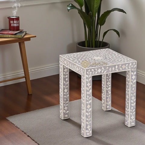Grey Bone Inlay Floral Side Table