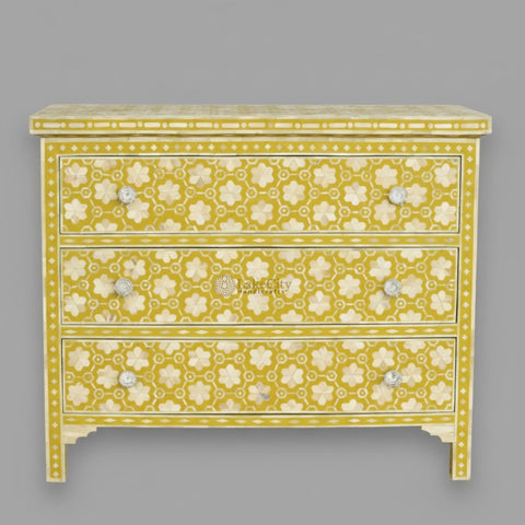 Bone Inlay Flower Design 3 Drawers Chest Yellow