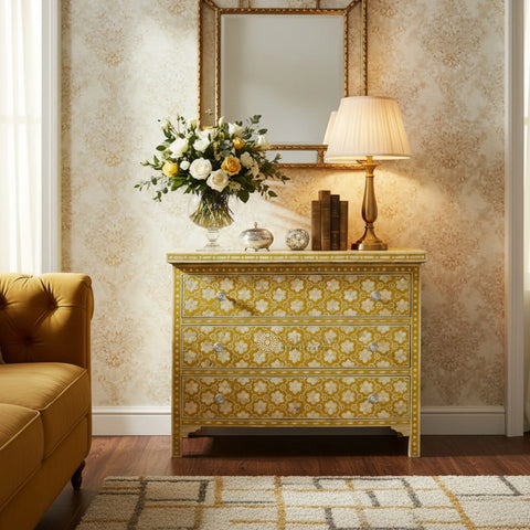 Bone Inlay Flower Design 3 Drawers Chest Yellow