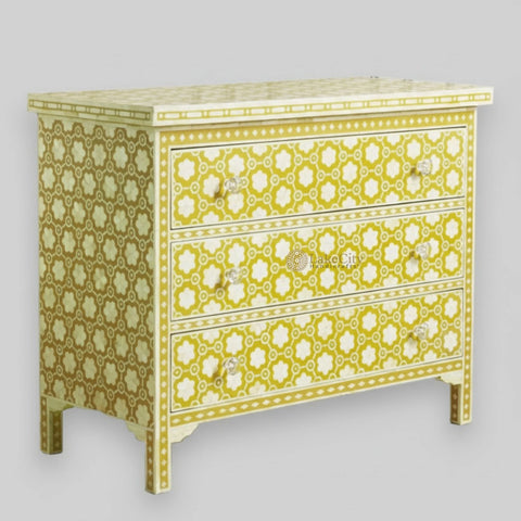 Bone Inlay Flower Design 3 Drawers Chest Yellow