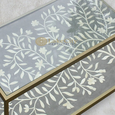 Bone Inlay Flower Design Coffee Table Grey With Tuffen Glass
