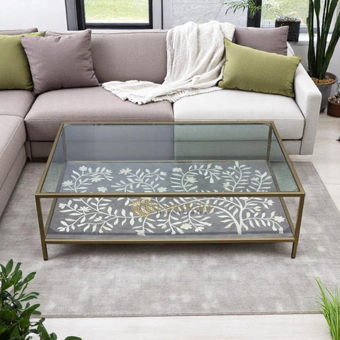 Bone Inlay Flower Design Coffee Table Grey With Tuffen Glass